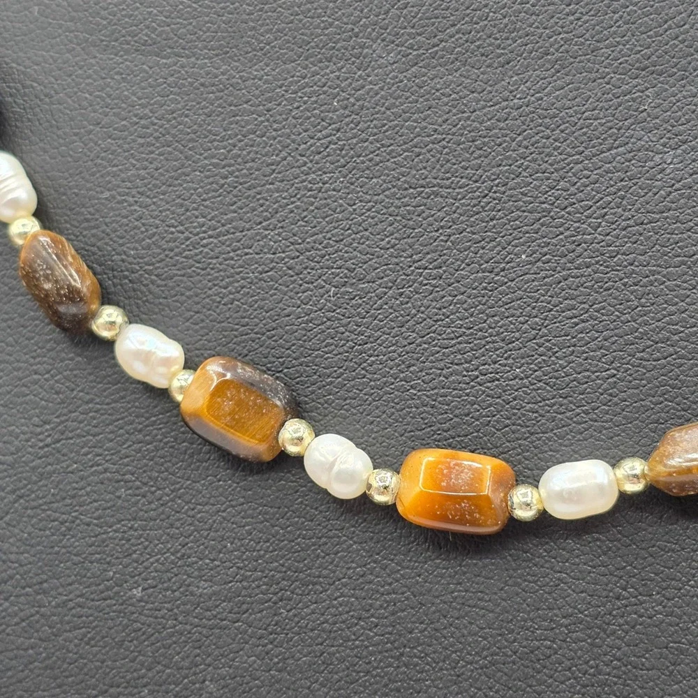 Tigers Eye Freshwater Pearl Beaded Necklace Brown Gold White 18.5 Inch Boho